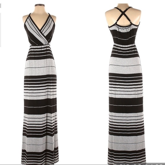 Michael Stars Delaney Surplice Casual Striped Maxi Dress Black Grey L - Picture 2 of 4